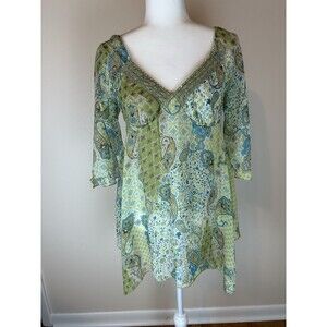 Y2K VTG 90s No Boundaries Tunic Top L Green Lace Whimsy Fairy Grunge Beaded